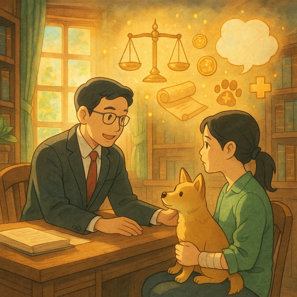 溫暖吉卜力風格高解析度畫面:台灣律師在陽光灑落的木質事務所,安撫手纏繃帶的台灣飼主與乖巧小犬;天光中浮現天秤與閃爍錢幣、卷軸、爪印與醫療圖示、空白對話雲,柔色自然光與手繪紋理營造奇幻諮詢氛圍,無文字。