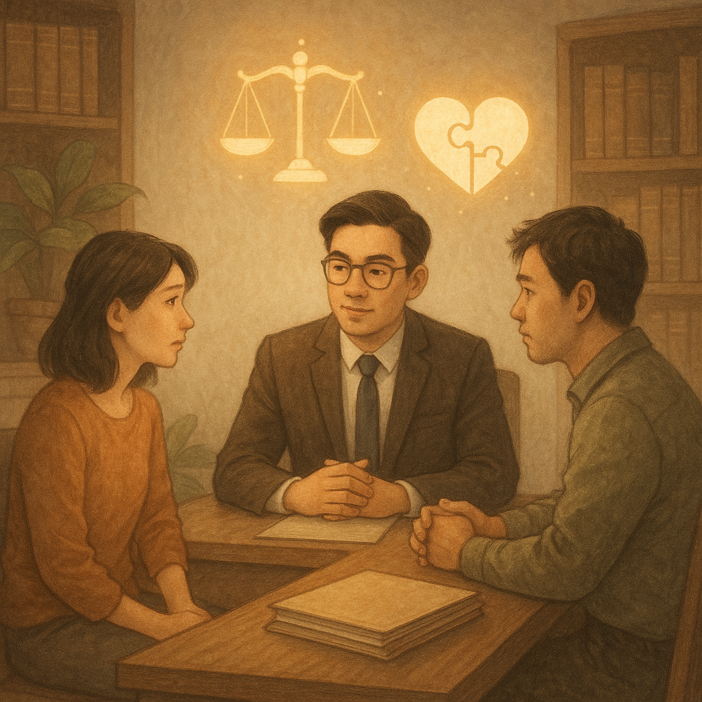 柔光下的高解析手繪風律師事務所，台灣父母與律師圍坐諮詢；天平、拼圖心形與檔案夾漂浮成光點，象徵監護權與案例工具。木質質感與自然色調溫暖奇幻，畫面無文字。