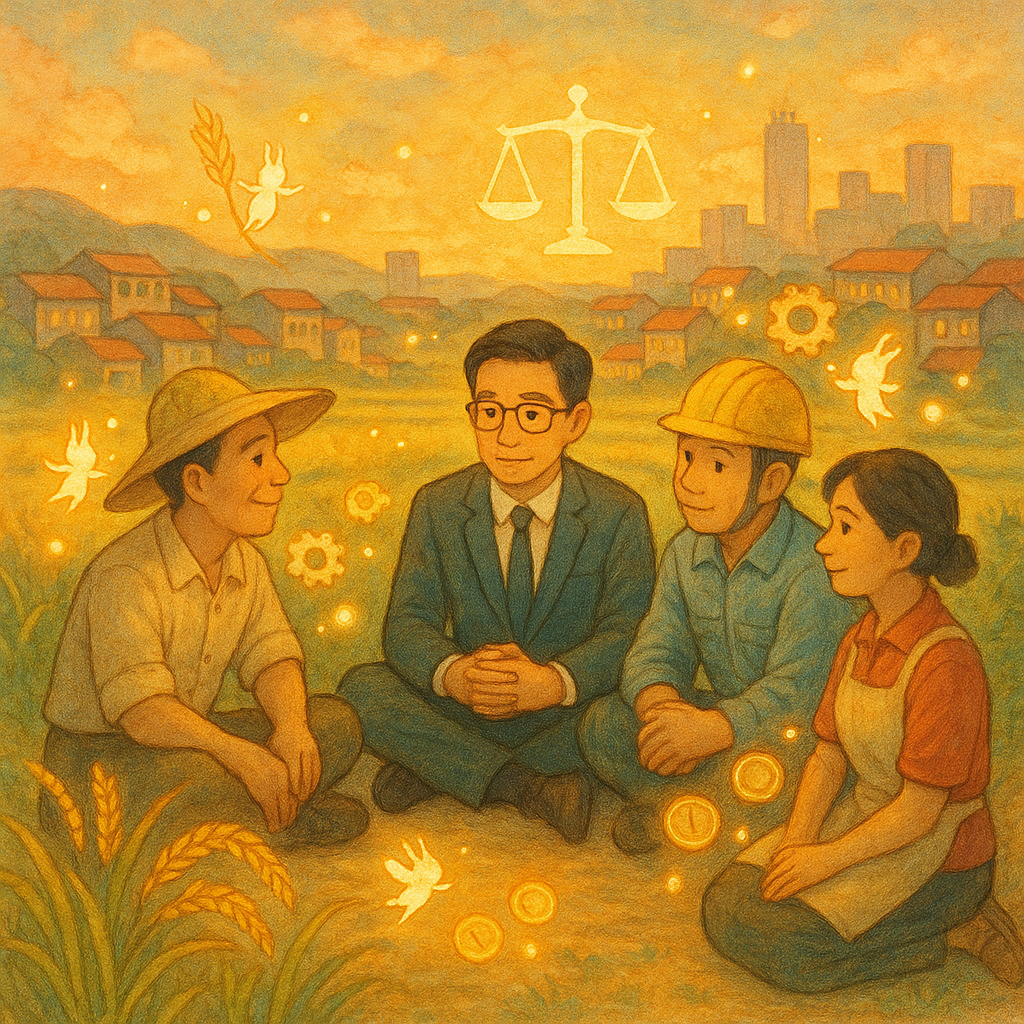 吉卜力風格高解析插畫:夕光下田野與市街相連,一位台灣律師與台灣農夫、工人、商販圍坐諮詢;稻穗、齒輪與錢幣化作發光小精靈環繞,天平符號漂浮,柔和色調與手繪質感,溫暖魔幻、無文字。