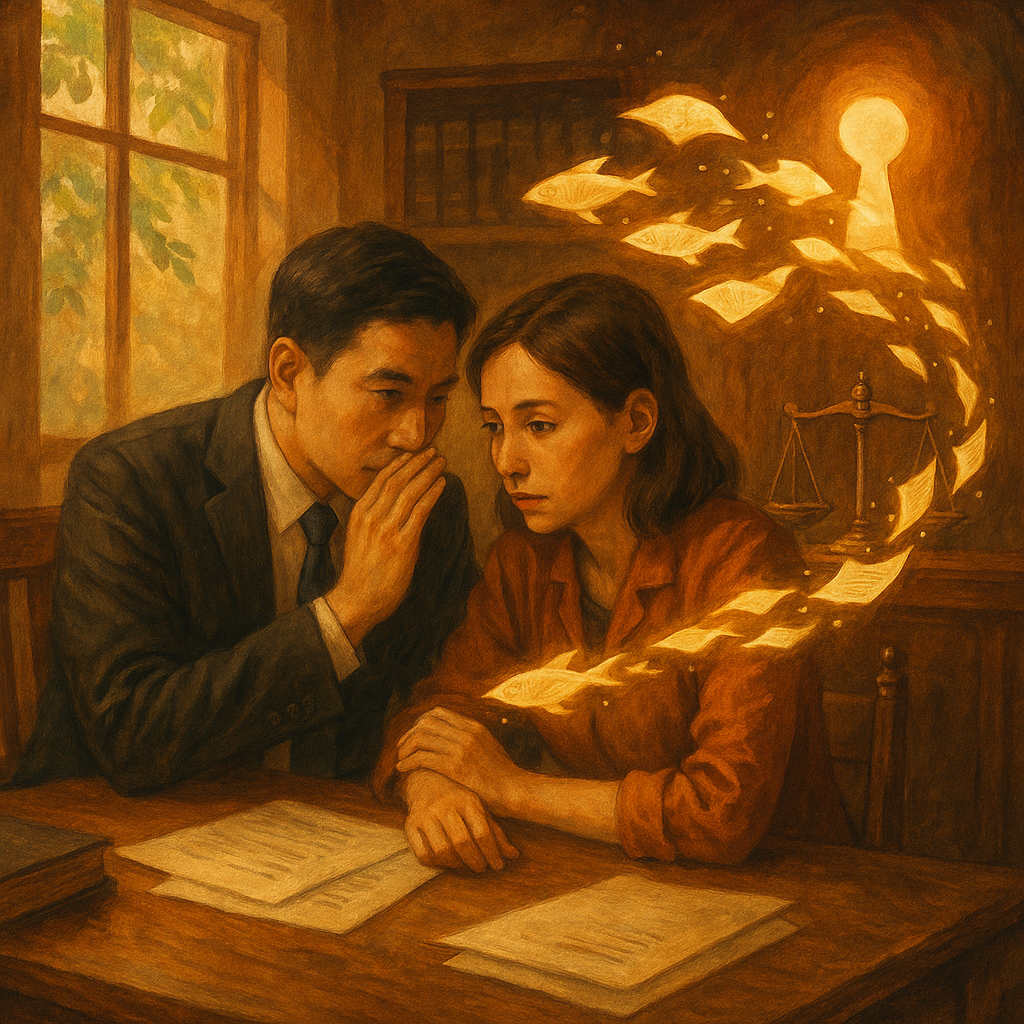 暖色系法律事務所內，台灣律師與當事人低語諮詢，漂浮的紙頁化作閃光魚群流向鎖孔與天平，手繪木質電影感光影柔和，窗外綠蔭微風拂動，象徵洩密與守密的拉扯，魔幻而寫實。