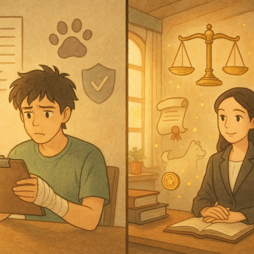 溫暖光下的吉卜力般奇幻場景:畫面左右對照。一側台灣青年手纏繃帶獨自面對表單、爪印與保險圖示,略顯迷惘;另一側在事務所,台灣女律師溫和聆聽,天花懸浮天秤、卷宗、金幣光點與小狗幻影,手繪質感、無文字。