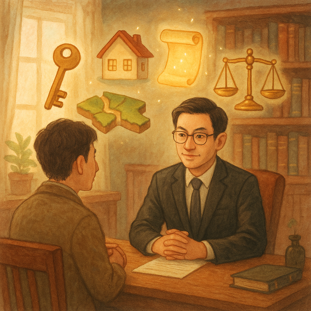 溫暖木質事務所內，一位台灣律師與當事人對坐；柔光中漂浮房屋鑰匙、發光卷軸、天平與拼合的土地地圖，象徵所有權歸屬與結論落定；手繪質感、柔色自然光，童話般奇幻氛圍，無文字。