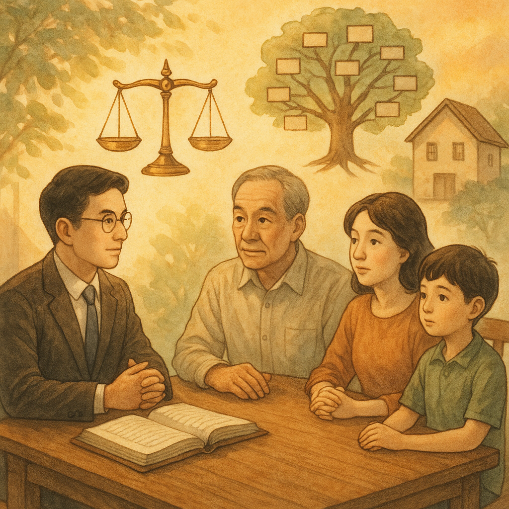暖陽下,台灣律師與家族在木桌諮詢,漂浮的天秤、家譜樹與房屋光影環繞,手繪質感與柔和色調呈現特留分案例情境,細節豐富,寫實與奇幻平衡,溫暖魔幻,無文字。