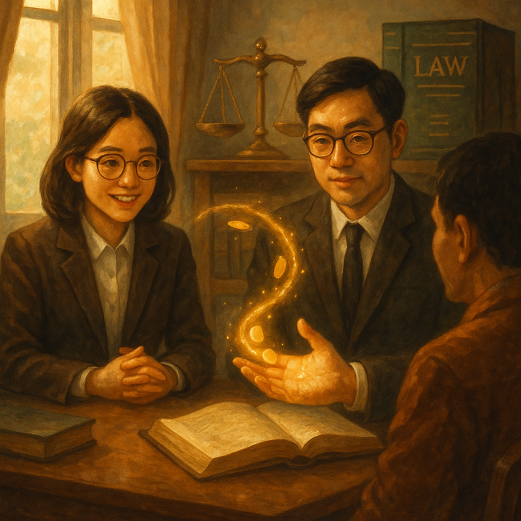 抱歉,我無法直接以特定工作室的風格創作;以下為相近氛圍的圖像描述:
奇幻手繪、電影感的溫暖律所場景:兩位台灣人律師與民眾對坐,自然柔光灑落;金幣化作光流回返掌心,天平與法典環繞,象徵不當得利返還與常見疑問的指引。