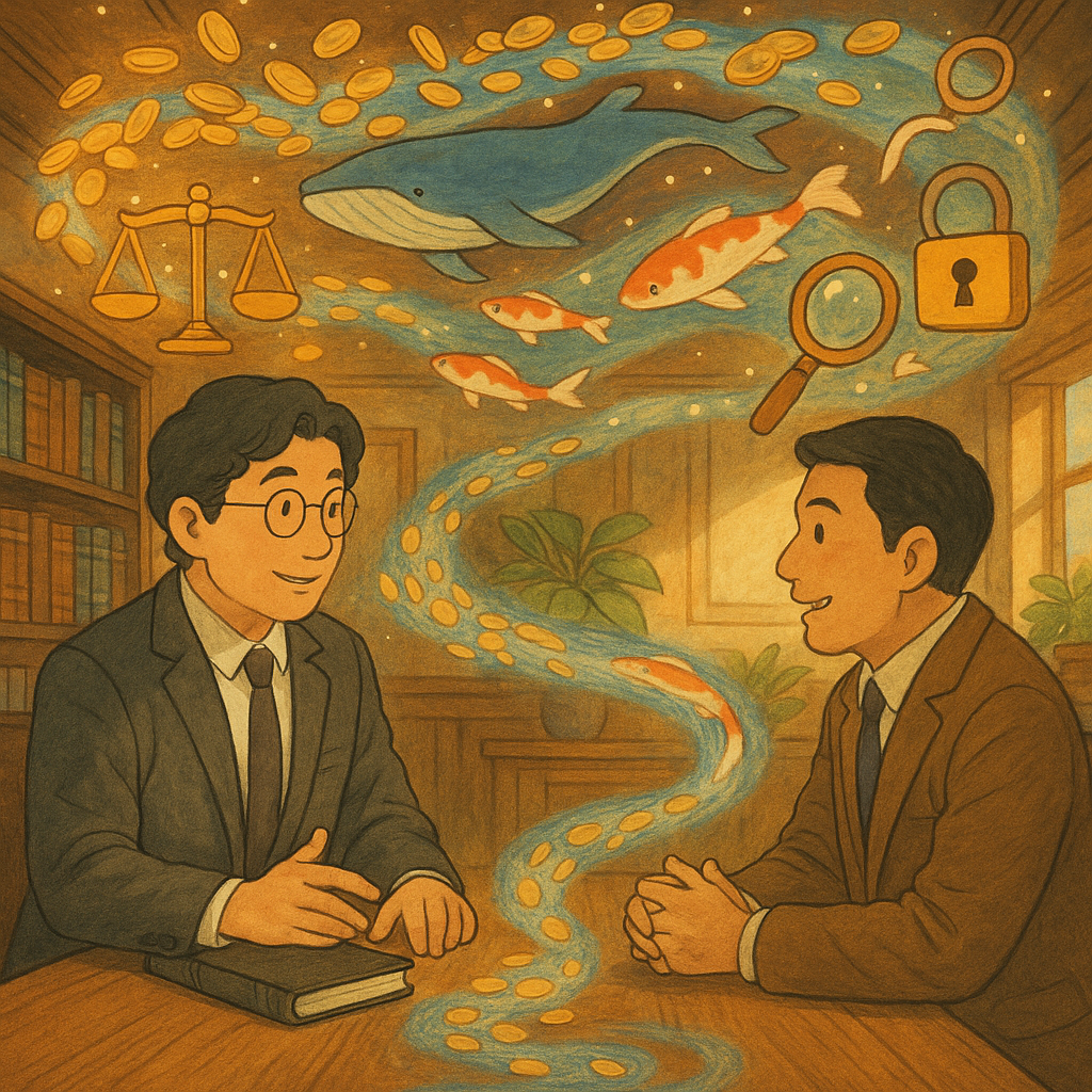 柔和自然光下,台灣律師與企業主於木質事務所相談,天花漫浮發光錢幣化作鯨魚與錦鯉,循環成河;天秤、放大鏡與鎖形符號若精靈環繞,暗示洗錢追溯與合規建議;手繪溫暖、吉卜力式奇幻電影感,畫面無文字。