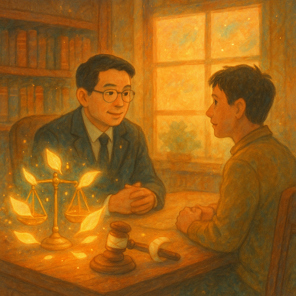 日落柔光下,台灣律師與民眾在木質事務所溫暖對談;天平與木槌、繃帶化作發光葉片環繞,象徵傷害罪評估與修復。手繪質感、柔色與魔幻光粒營造吉卜力式電影感,畫面不含文字。