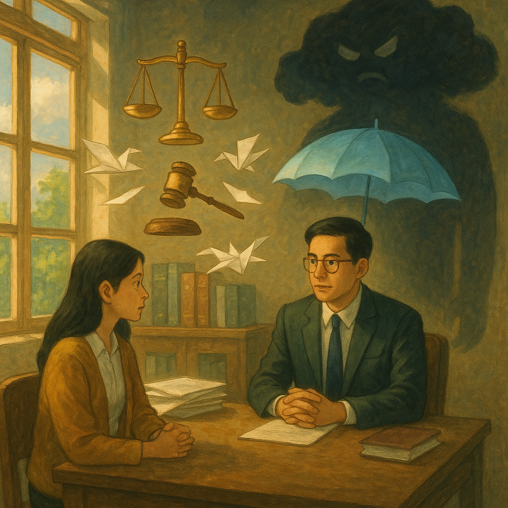 吉卜力風、電影感插畫：柔和自然光灑入辦公室，兩位台灣專業人士進行法律諮詢；漂浮的天秤、法槌與化作紙鶴的文件象徵申訴與提告；角落烏雲投成巨影代表職場霸凌，法光化為保護傘，手繪質感、無文字。