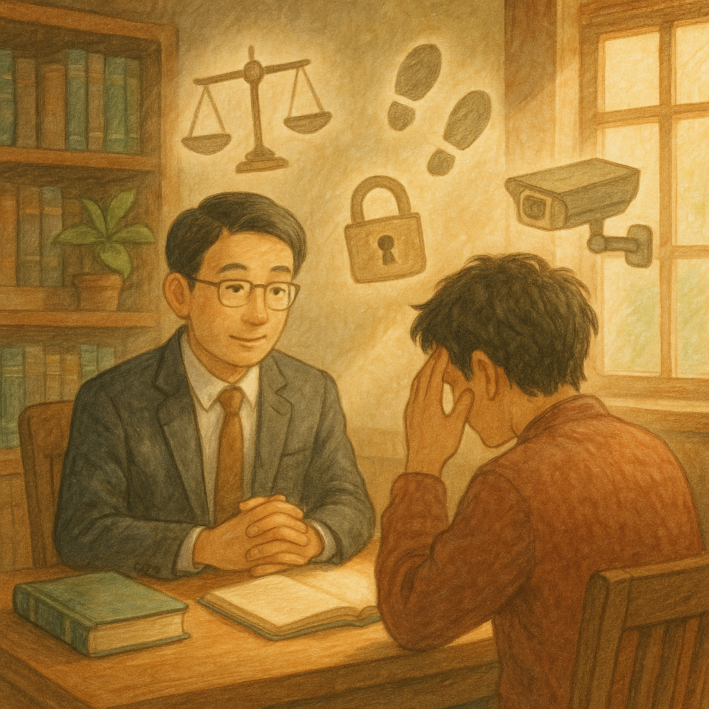 暖陽灑入木質事務所，台灣人律師溫和聆聽焦慮民眾；空中漂浮手繪天秤、鎖頭、腳印與監視器等象徵竊盜與線索的圖像，柔和色彩與自然光營造吉卜力式魔幻氛圍，細膩筆觸、無文字書冊，傳達法律諮詢與常見問題的溫度。