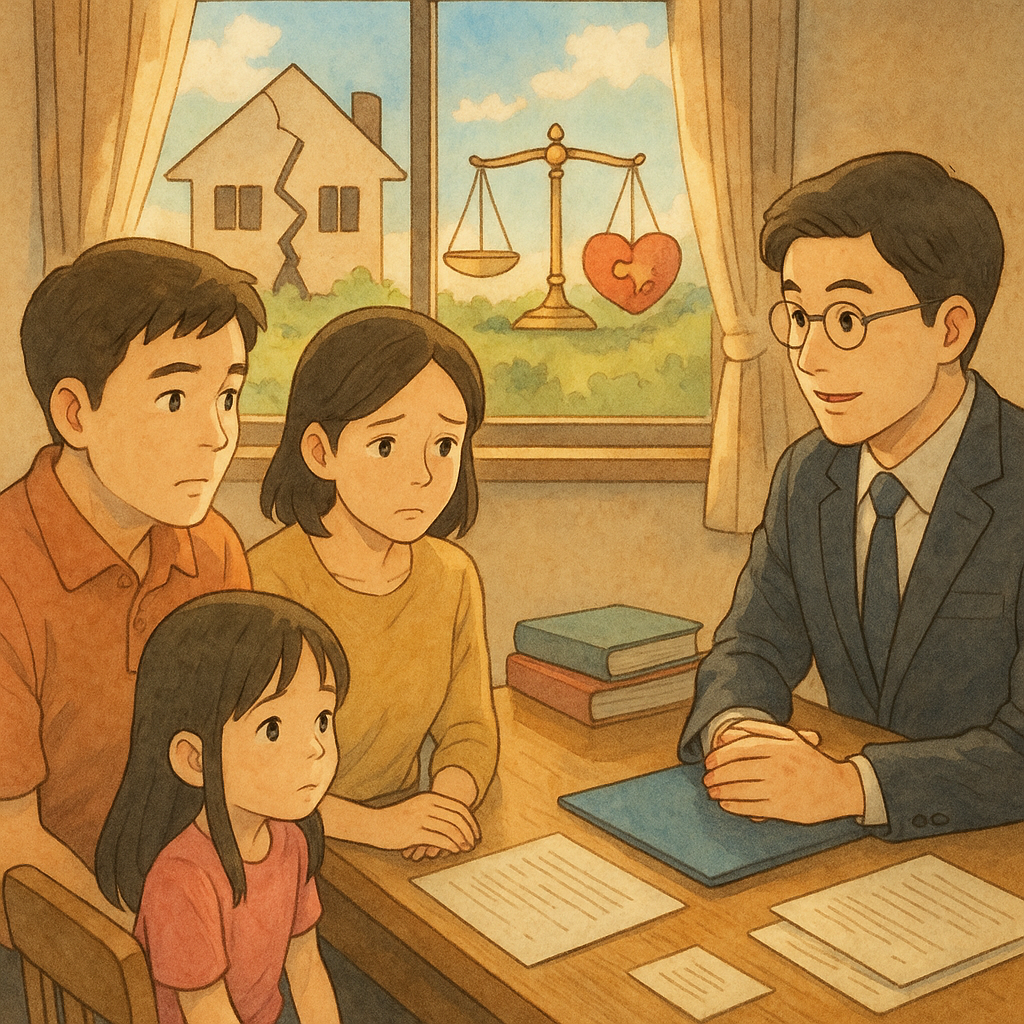 吉卜力暖色微幻場景:台灣人一家在專業律師諮詢,表情細膩;窗外破裂紙屋與天平、拼合的心象徵賠償與修復,柔和自然光與手繪質感,無文字。