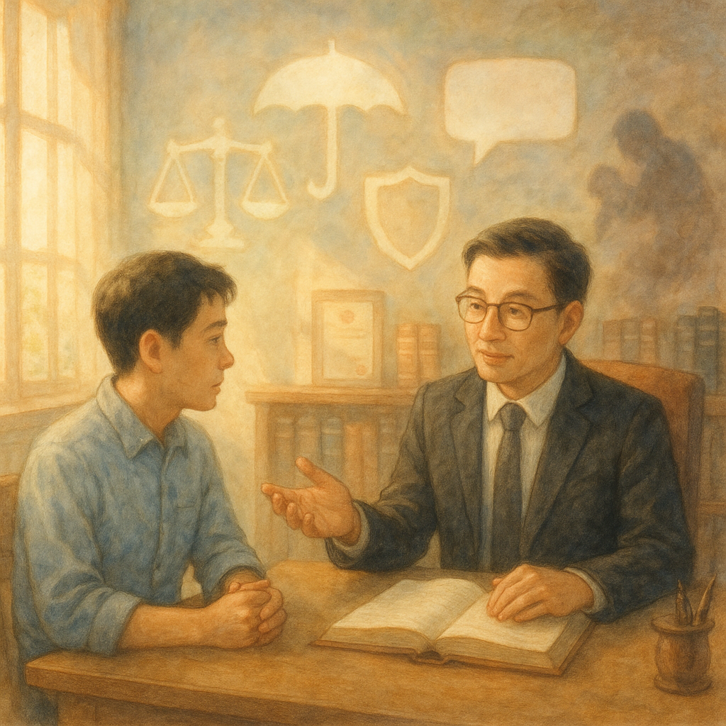 溫柔自然光下、細膩筆觸的手繪律師事務所裡，台灣上班族向律師諮詢；牆面浮現如夢的天秤、盾牌、保護傘與空白對話框圖示，遠處朦朧的職場霸凌陰影被光驅散；無文字、溫暖奇幻氛圍。