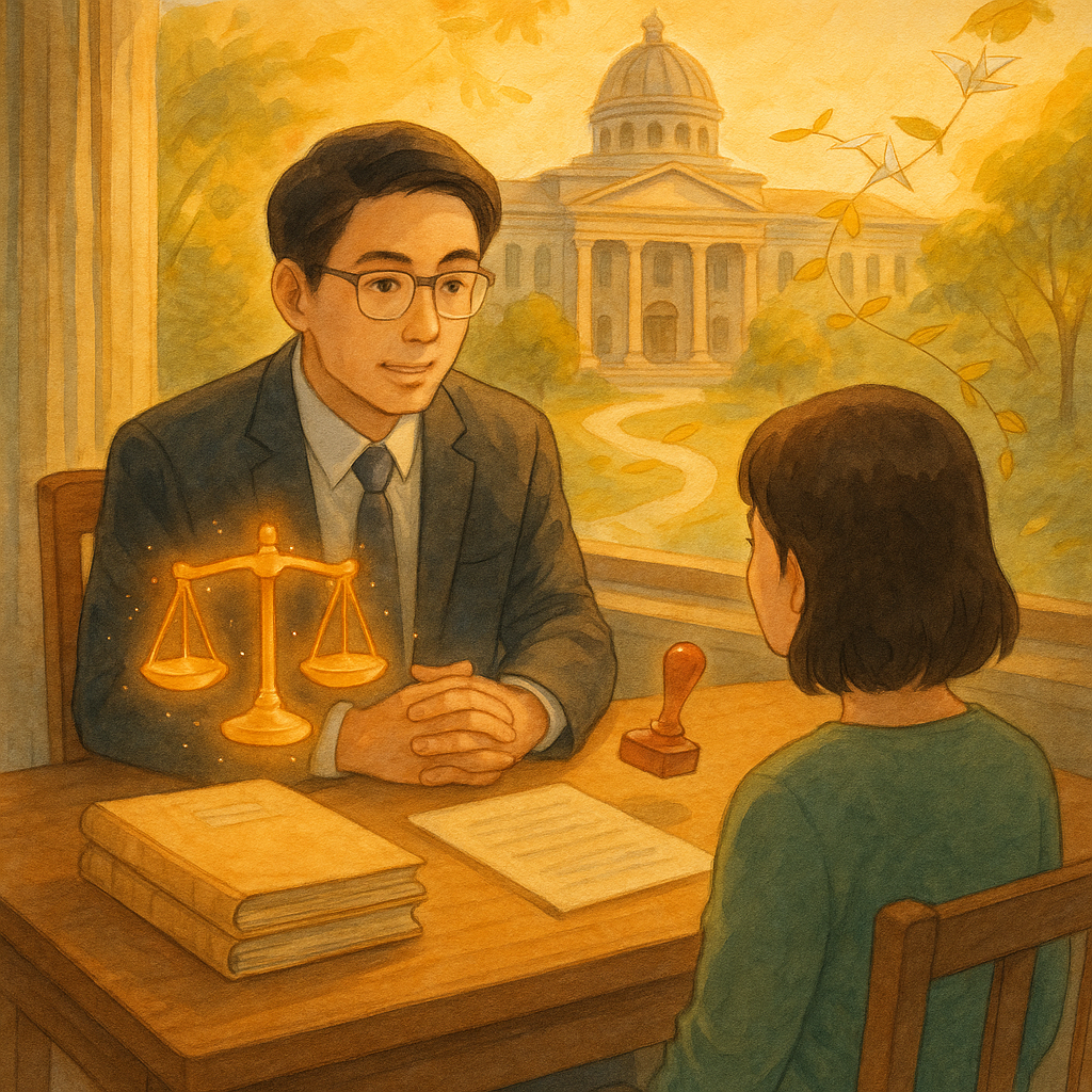吉卜力風格、溫柔自然光與手繪質感場景:台灣律師與民眾在木桌前諮詢,桌上天秤、卷宗與印章化作微光漂浮。遠處政府建築被金色風拂動,紙鶴與葉片串成流程路徑,象徵國賠案例研究與延伸應用,無文字。