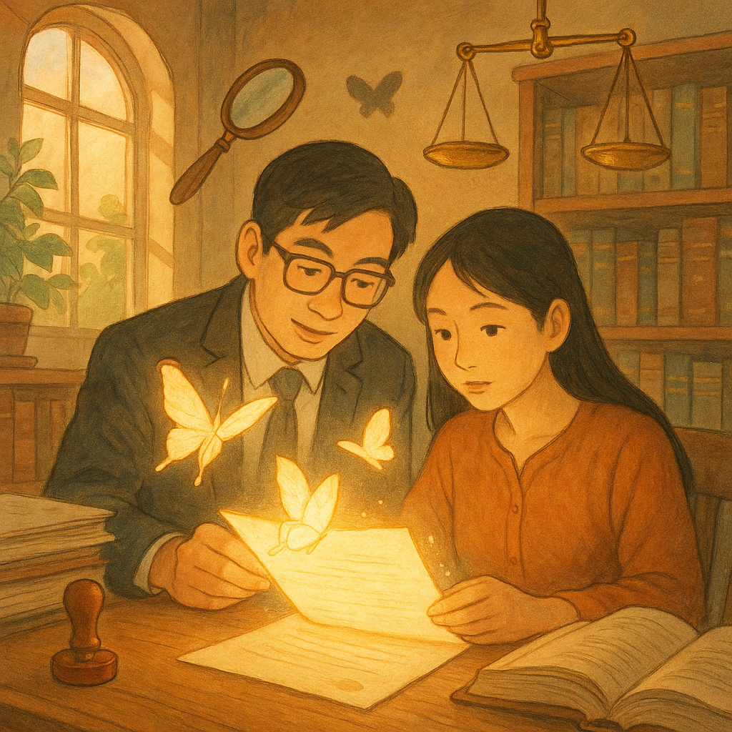 溫暖自然光與柔和色調的奇幻律師事務所，台灣人律師與當事人細看發光文件；紙張幻化蝶與印章影成雙，天平、放大鏡浮空，手繪質感、無文字、宮崎駿風。