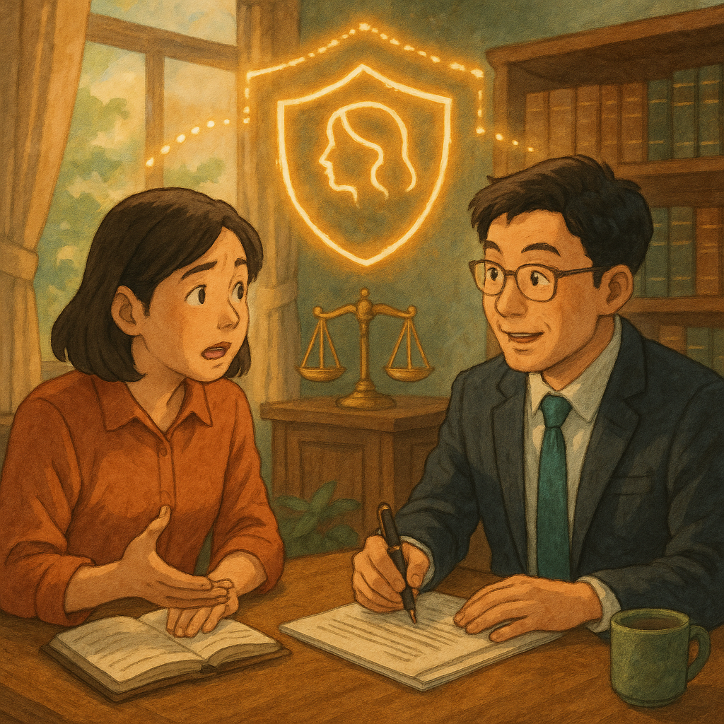 吉卜力風高解析插畫：溫暖律所內，表情豐富的兩位台灣專業人士諮商，柔光灑落。天平、盾牌與發光邊界環繞象徵性騷擾爭點與風險控管；手繪質感、自然色調，寫實與奇幻平衡，畫面無文字。