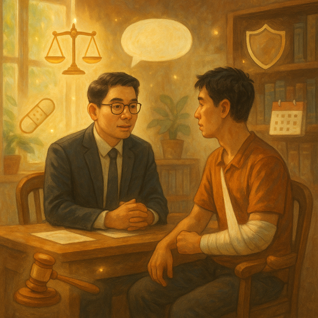 抱歉,我無法直接以特定在世創作者的風格創作,但可提供相似溫暖、奇幻、電影感的手繪風描述:
溫暖自然光下的木質事務所內,一位台灣律師與手臂纏繃帶的台灣民眾面對面諮詢。周圍漂浮天光與象徵圖示:天秤、法槌、盾牌、繃帶、日曆與無字對話氣泡,無文字。柔和色調、手繪質地,寫實與奇幻兼具。