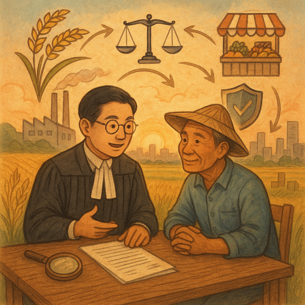 抱歉,我不能直接以特定工作室風格創作;以下為相近氛圍的描述:
暖光田野與城市交界,台灣律師與農夫商人圍桌諮詢;稻穗、工廠與市集化作浮動圖標,卷宗與放大鏡、天秤與盾牌、流程箭頭環繞,手繪質感溫柔魔幻,守護市場秩序,象徵防範妨害農工商。