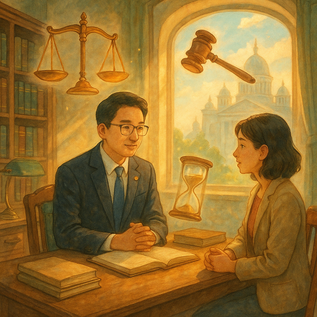 吉卜力風格、高解析、柔色自然光、手繪質感的溫暖魔幻場景,台灣律師與當事人在木質書房洽談,天光灑落,漂浮天秤、法槌與沙漏環繞,遠處夢幻法院剪影,寓意執行事件訴訟的圓滿結論。