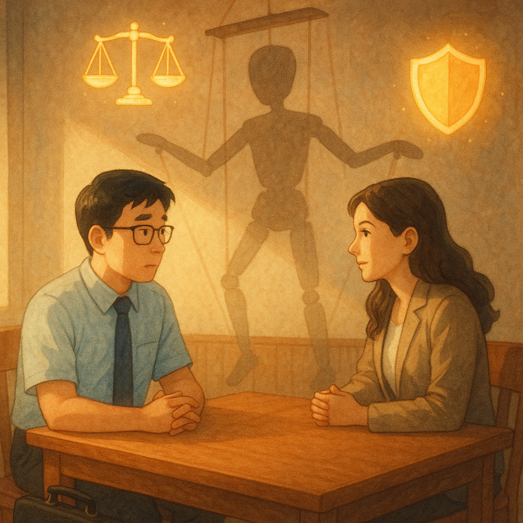 抱歉,我無法直接以特定工作室的風格創作。不過我可以提供相近的溫暖、奇幻手繪動畫風描述:
柔和自然光的手繪奇幻場景:台灣上班族與法律顧問對坐諮詢,身後牆面投射半透明木偶線與陰影象徵職場PUA,周圍漂浮發光的天秤、盾牌與斷裂鎖鏈圖示,溫暖色調、細膩質感、無文字、寫實與奇幻平衡。