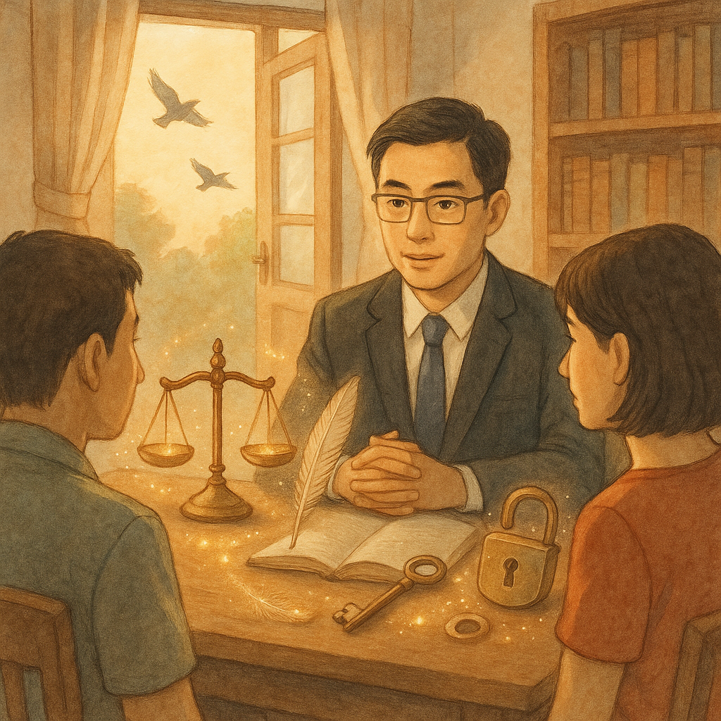 吉卜力風格的溫暖辦公室裡,台灣律師與民眾圍坐諮詢,神情專業;柔色自然光與手繪肌理。桌上天秤、羽毛與鑰匙、解開的鎖化作微光環繞,窗外飛鳥越過半開之門,象徵妨害自由的解困與安心;畫面無文字。