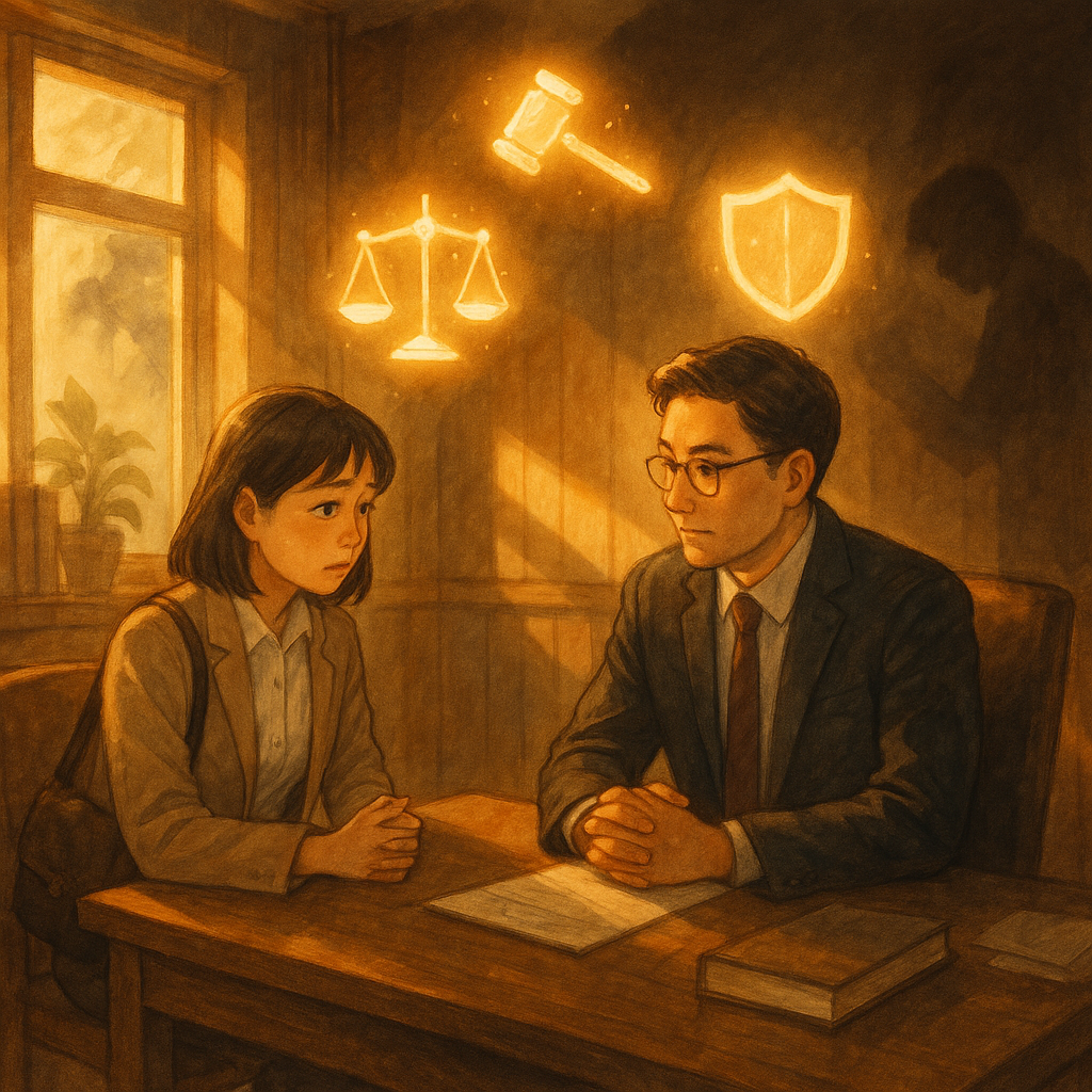 柔光灑入木質辦公室，台灣上班族與律師對坐諮詢，表情細膩；角落若有若無的陰影象徵職場霸凌，空中飄浮法槌、天秤與盾牌等發光圖示，手繪質感、吉卜力式溫暖奇幻電影感氛圍，無文字。