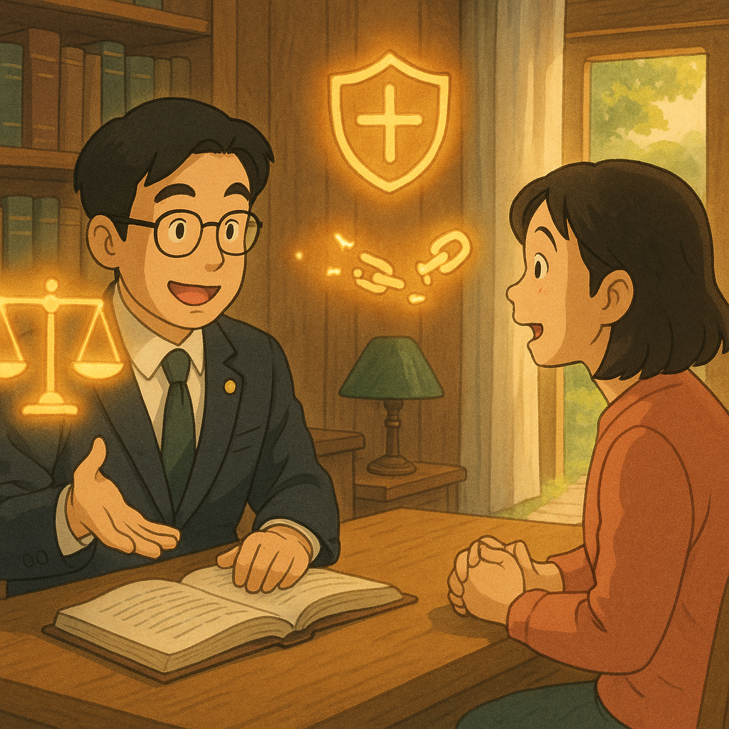 溫暖自然光與柔和色彩下,吉卜力風格的台灣人律師與當事人表情豐富於木質諮詢室,手邊漂浮發光天平、盾牌與斷裂鎖鍊,窗外小徑延向開啟之門,象徵強制罪結論與行動建議,無文字、手繪質感,具沉浸感。