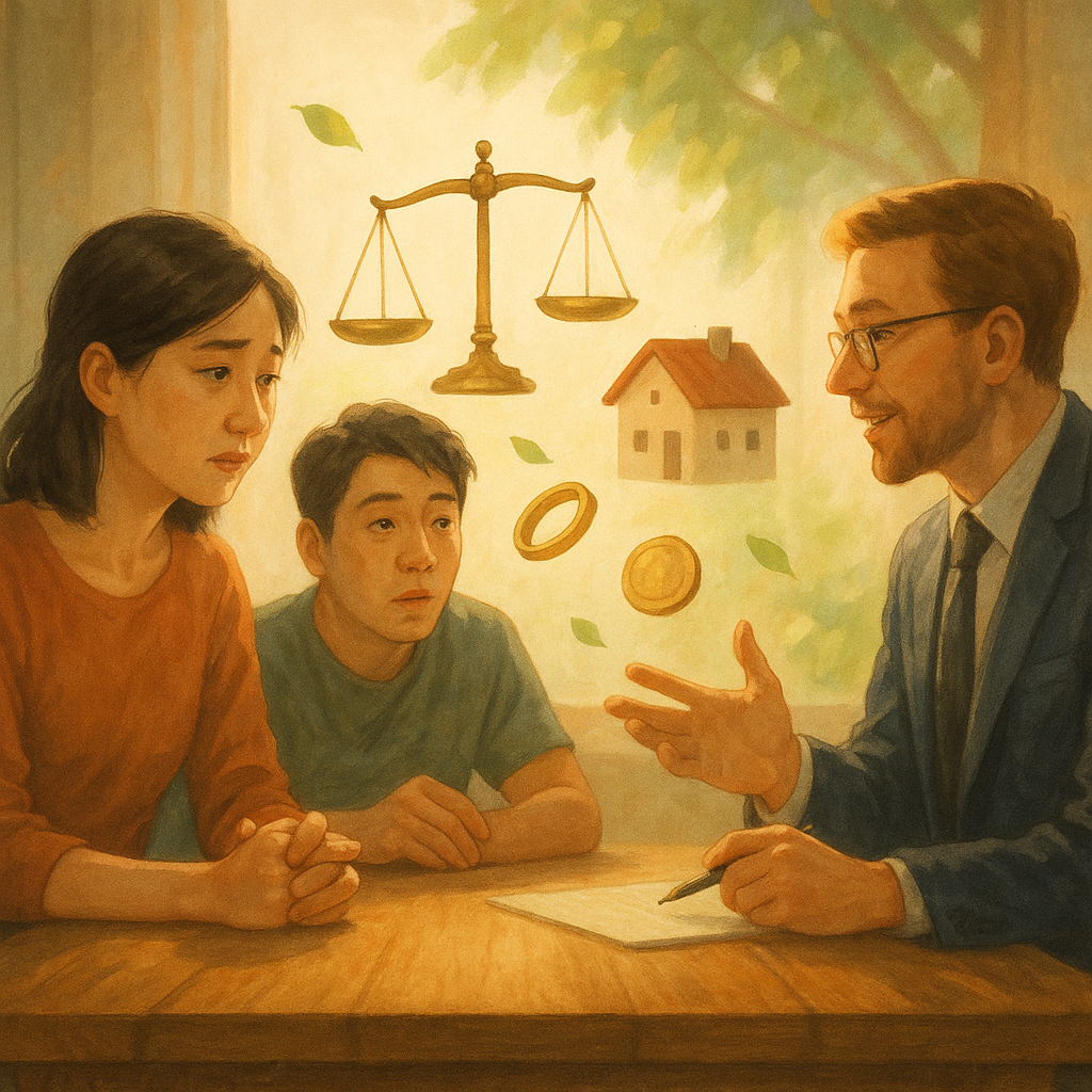 柔光與自然光暈的高解析、具電影感與沉浸感的插畫,溫柔色彩與手繪質感:台灣夫妻與律師圍坐木桌、表情生動,天光溫暖,法律諮詢氛圍。桌上漂浮象徵資產分配的天秤、房屋、戒指與硬幣,樹葉微動如魔幻。無文字。