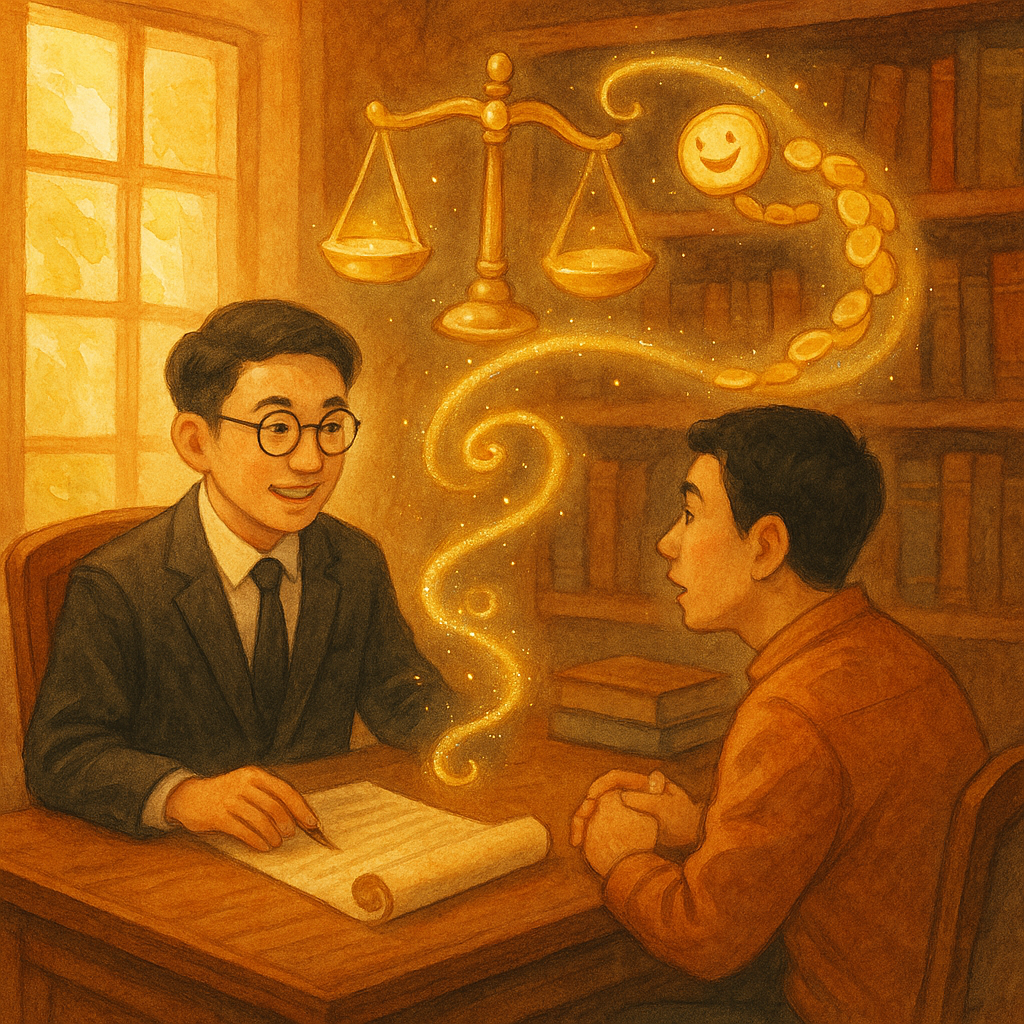 抱歉,我無法直接採用特定工作室的風格;以下提供相近的溫暖手繪、魔幻寫實風格描述:
暖色手繪場景中,台灣律師與民眾在木質書房諮詢,陽光灑入;發光天秤、回流的金幣精靈與卷軸契約環繞,象徵不當得利返還與常見疑惑被解開,細膩自然、魔幻溫馨、無文字。