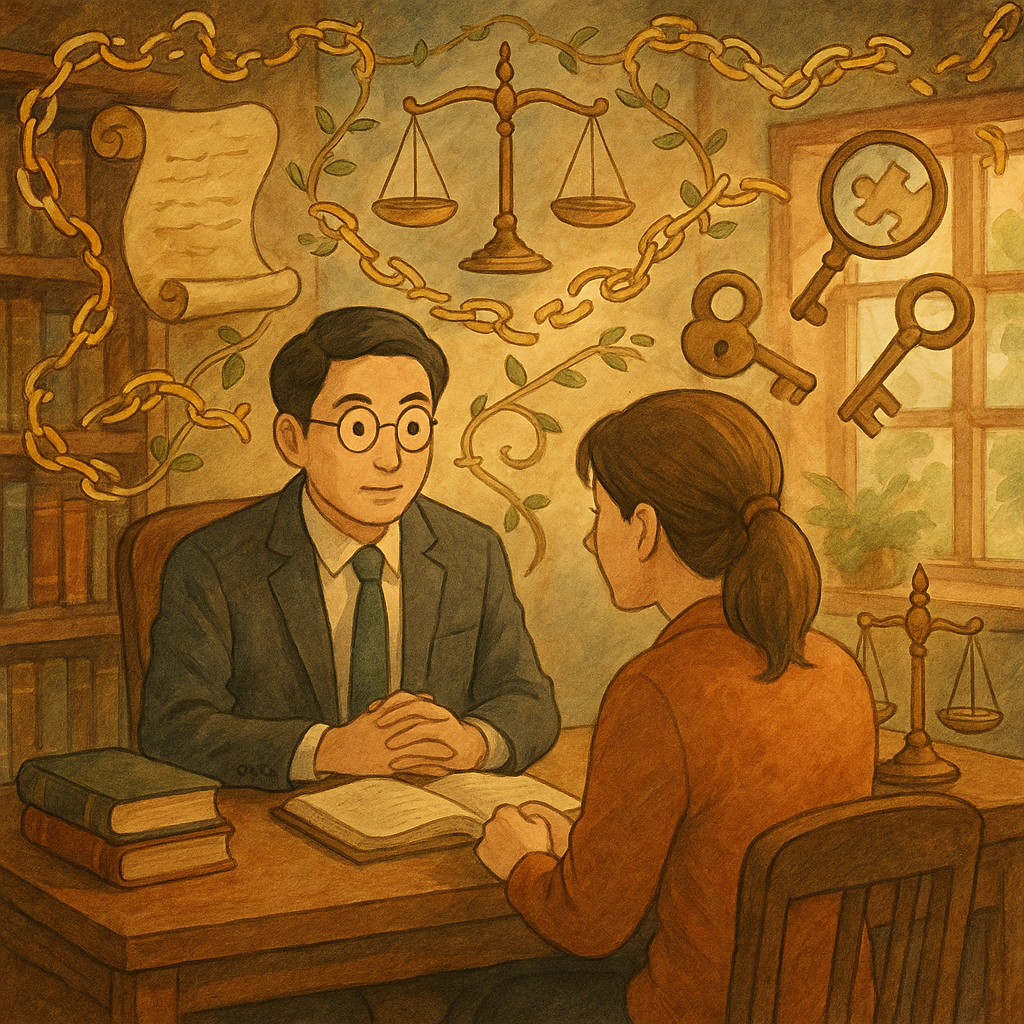 溫暖自然光與柔和色調下、吉卜力式奇幻手繪質感的木質事務所，台灣律師與當事人專注會談；周圍漂浮手繪卷軸、天平、鎖與鑰、放大鏡與拼圖，金色斷鏈連成分岔藤蔓，寓意背信罪案例研究與策略延伸；無文字。