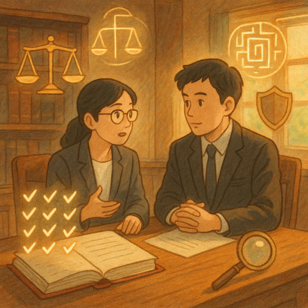 溫暖晨光下，兩位台灣法律專業者在木質書房討論，桌上卷宗與無字清單，旁有十枚發光勾選符號。周遭漂浮天秤、盾牌、放大鏡與迷宮光路，象徵爭點、抗告與風險控管；柔和色彩與手繪紋理，帶吉卜力般電影感。