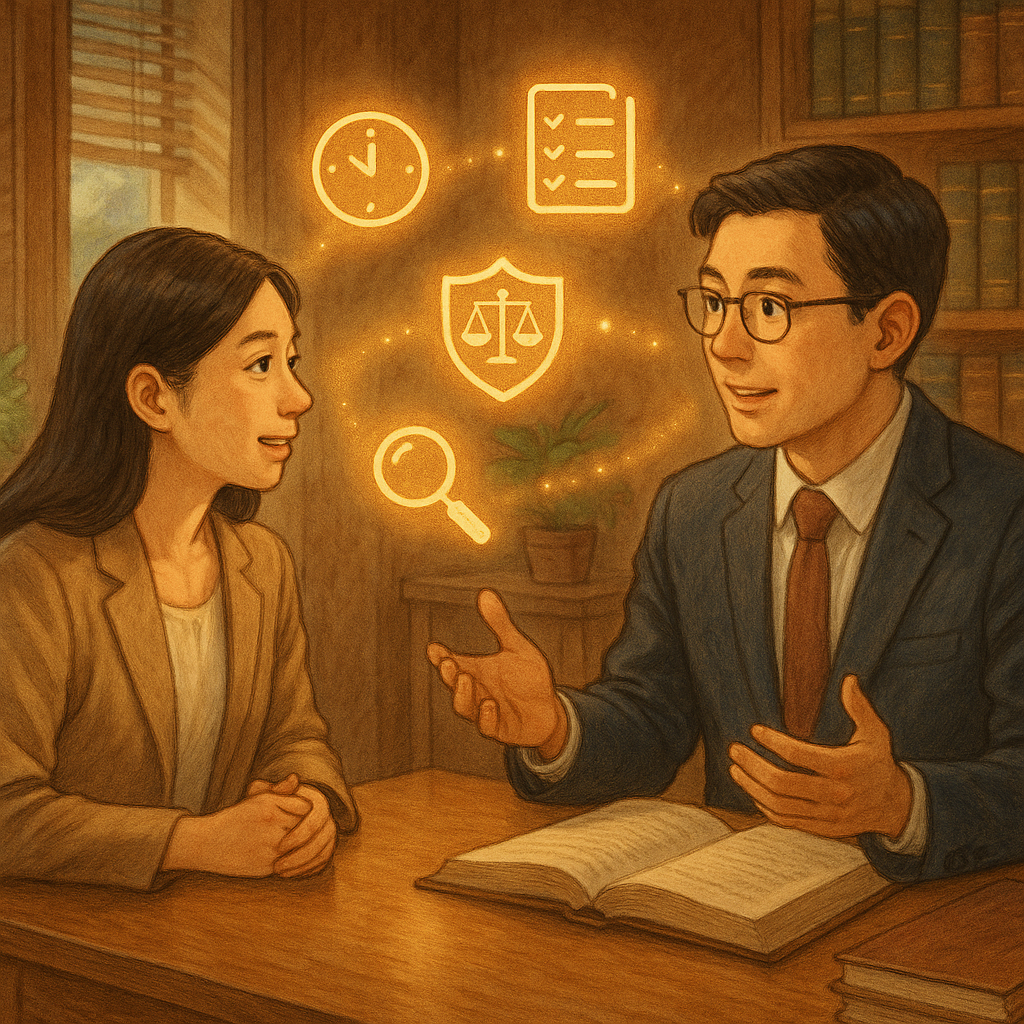 溫暖木質辦公室裡，台灣女性與台灣男性律師對談；柔光中漂浮發光的圖示：日曆、時鐘、清單、盾牌與天秤、放大鏡，化作指引路徑。高解析手繪質感、自然色調，吉卜力般溫暖魔幻與寫實平衡，細節豐富。