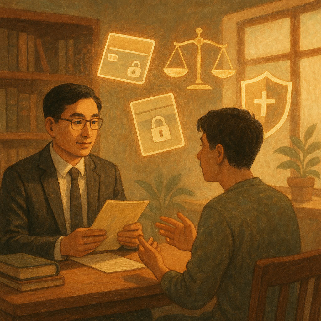 溫柔自然光下的木質事務所中，一位台灣律師與年輕民眾諮詢；空中漂浮發光的銀行卡、上鎖存摺、天秤與盾牌象徵借賬戶風險與建議，手繪質感、柔和色彩與奇幻暖調氛圍，電影感構圖，畫面無文字。