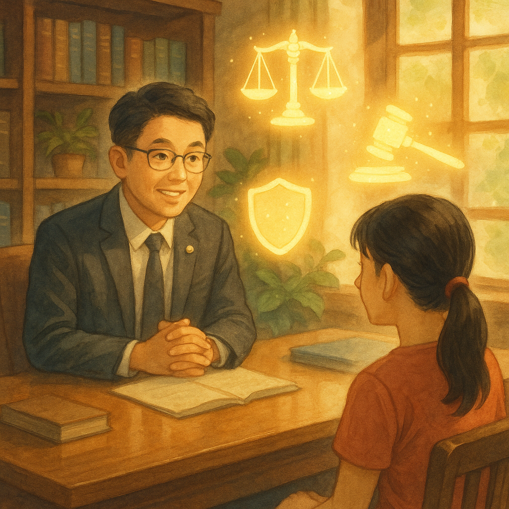 吉卜力風溫暖場景：台灣律師與民眾在木質事務所對談，柔光灑入。桌上漂浮發光的天平、法槌、盾牌與繃帶圖像，化作守護靈，象徵傷害罪諮詢與保障，高解析手繪質感、無文字。