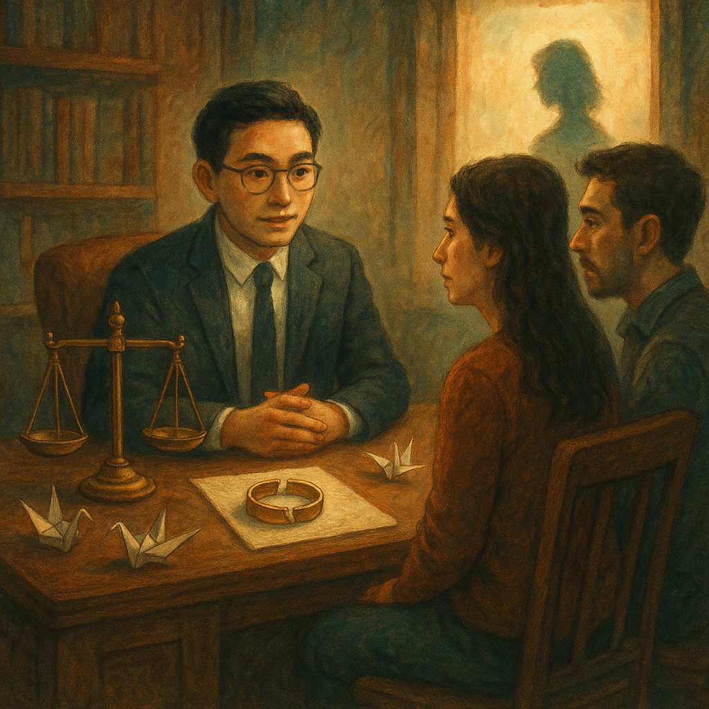 柔光木質事務所內,台灣律師與一對伴侶坐談,桌上天秤、裂痕戒指與紙鶴環繞;窗邊化作微光的第三者剪影若隱若現,手繪質感、電影感溫暖奇幻,細節豐富,無文字。