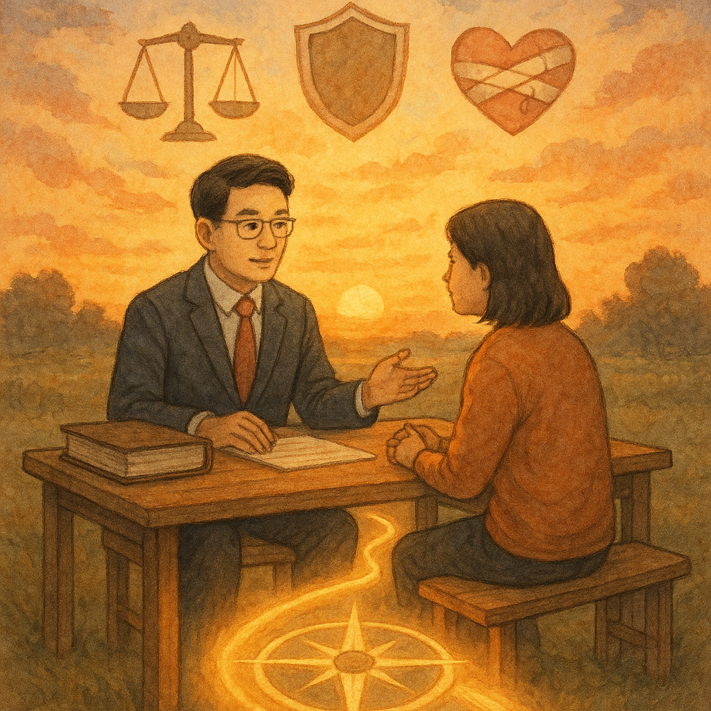 黃昏自然光下，台灣律師與民眾在木桌諮商，天光灑落。天際浮現天平、盾牌與纏繃心形，象徵傷害罪。足下發光路徑與指南針指引行動，柔和色彩、手繪質感、溫暖奇幻。