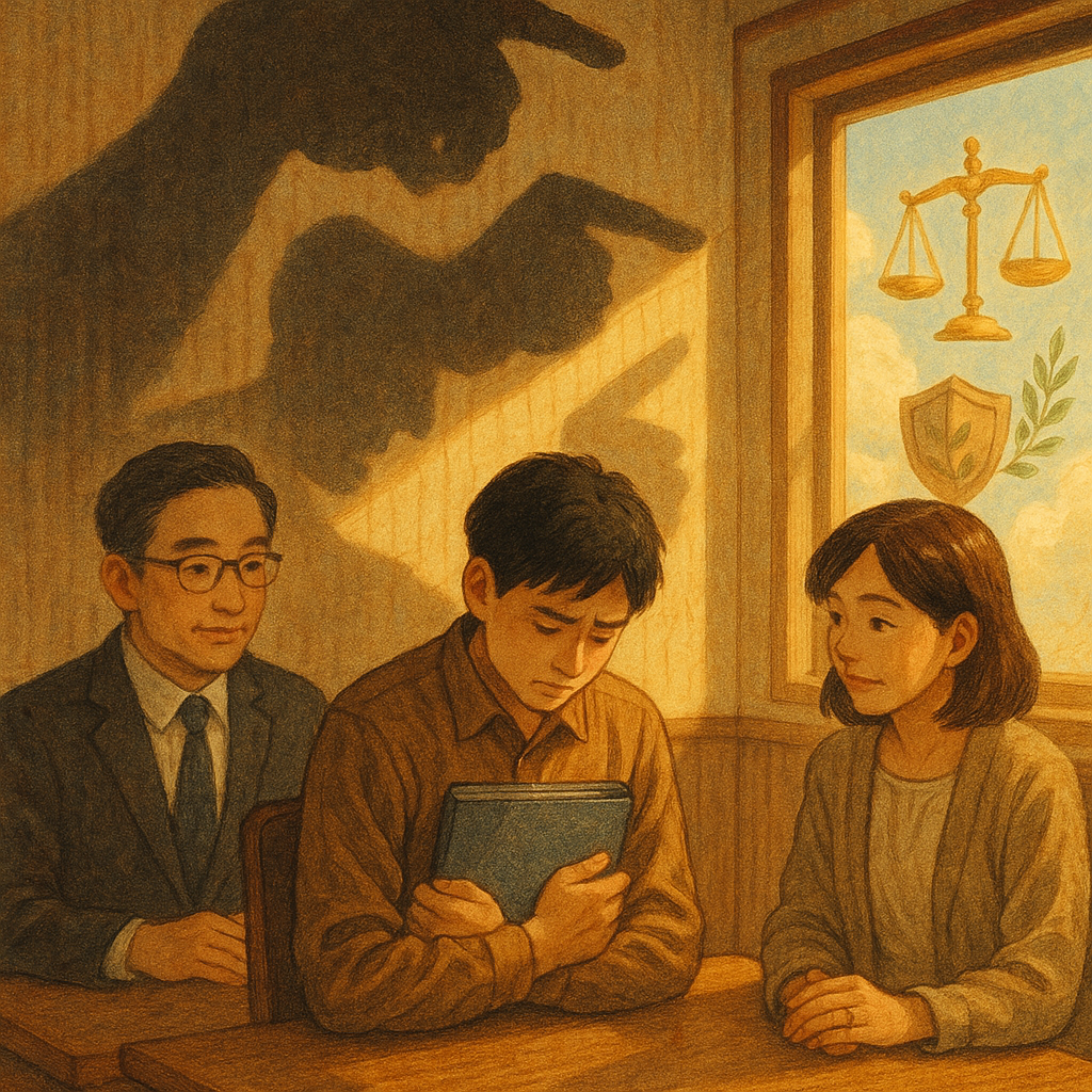 溫柔自然光灑入木質辦公室，台灣職員低頭緊握資料夾，旁有律師與人資溫和傾聽。牆影化作壓迫巨影與指指點點的黑手，窗外漂浮金色天秤與盾牌、橄欖枝象徵法援與修復。手繪質感、日系奇幻暖色、細膩高解析、無文字。