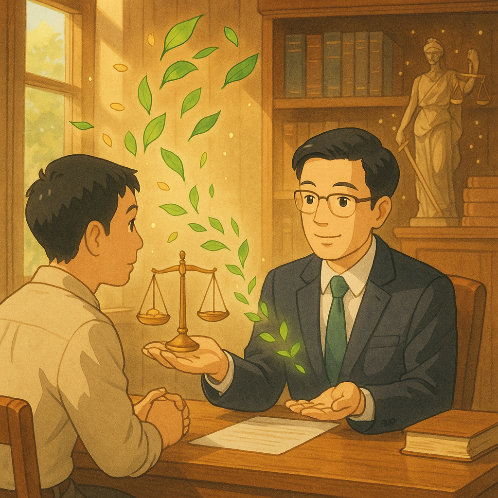 吉卜力風溫暖場景:台灣律師與當事人於木質事務所對坐,表情專業而溫和,柔光灑落。空中金幣化為葉片回流至天平與手掌,象徵返還不當得利;背景法院雕像與卷宗化作光點,無文字。