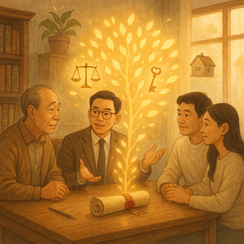 柔光灑入木質事務所，台灣面孔的律師與長輩、年輕夫婦相談遺產；封蠟卷宗化作發光葉片匯成家族樹，天秤、鑰匙與小屋在空中輕漂，手繪質感、無文字，溫暖奇幻。