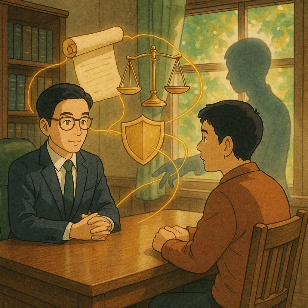 吉卜力風格的高解析插畫，手繪質感與自然光：柔光木質事務所內，台灣人律師與當事人對坐，桌面漂浮契約卷軸、天秤與盾牌。半透明的第三者剪影在一旁牽動金色線索，形成三方連結；窗外綠意營造溫暖奇幻氛圍，無文字。