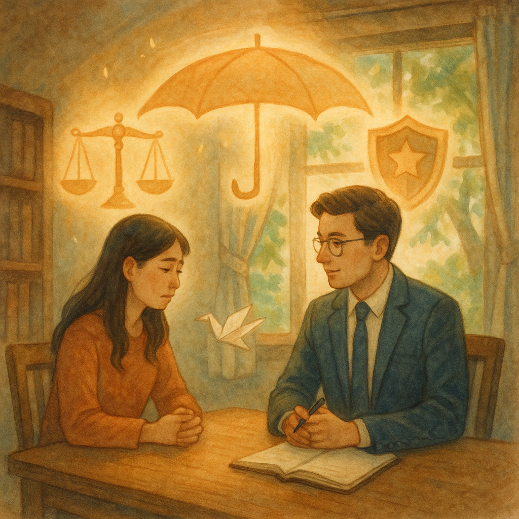 抱歉,我無法直接使用特定工作室的風格;以下提供相近的溫柔奇幻手繪風格描述。
溫柔自然光下,台灣女性與律師在木質諮詢室對坐,表情細膩;天光化作守護傘、天秤與盾牌環繞,窗外樹影與紙鶴輕舞,寓意妨害性自主的法律守護,手繪質感、畫面無文字。