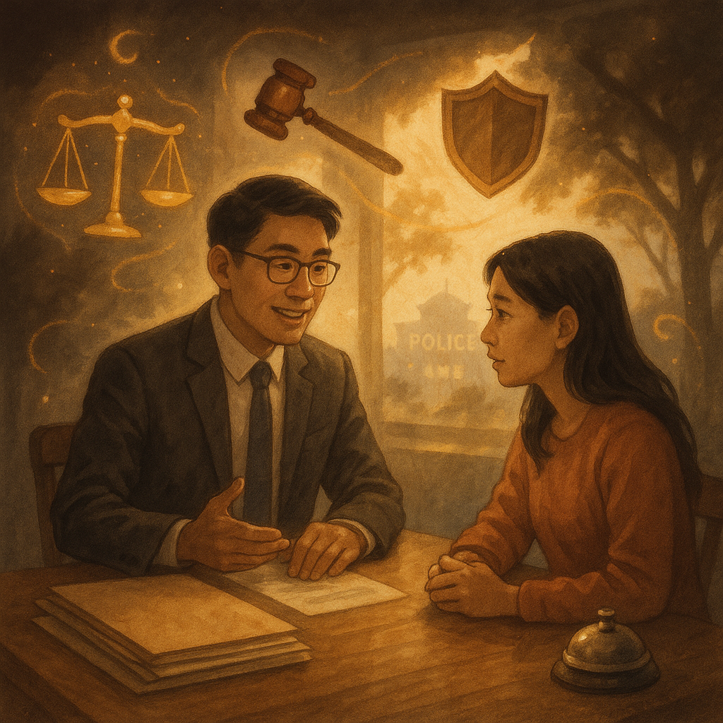 溫柔自然光中，一對台灣人律師與當事人於木桌諮詢，桌上檔案整齊。周圍漂浮發光的天平、法槌、盾牌與呼叫鈴象徵行動，威脅陰影漸散，遠處警察局剪影與暖風樹影，手繪質感、奇幻而沉穩。