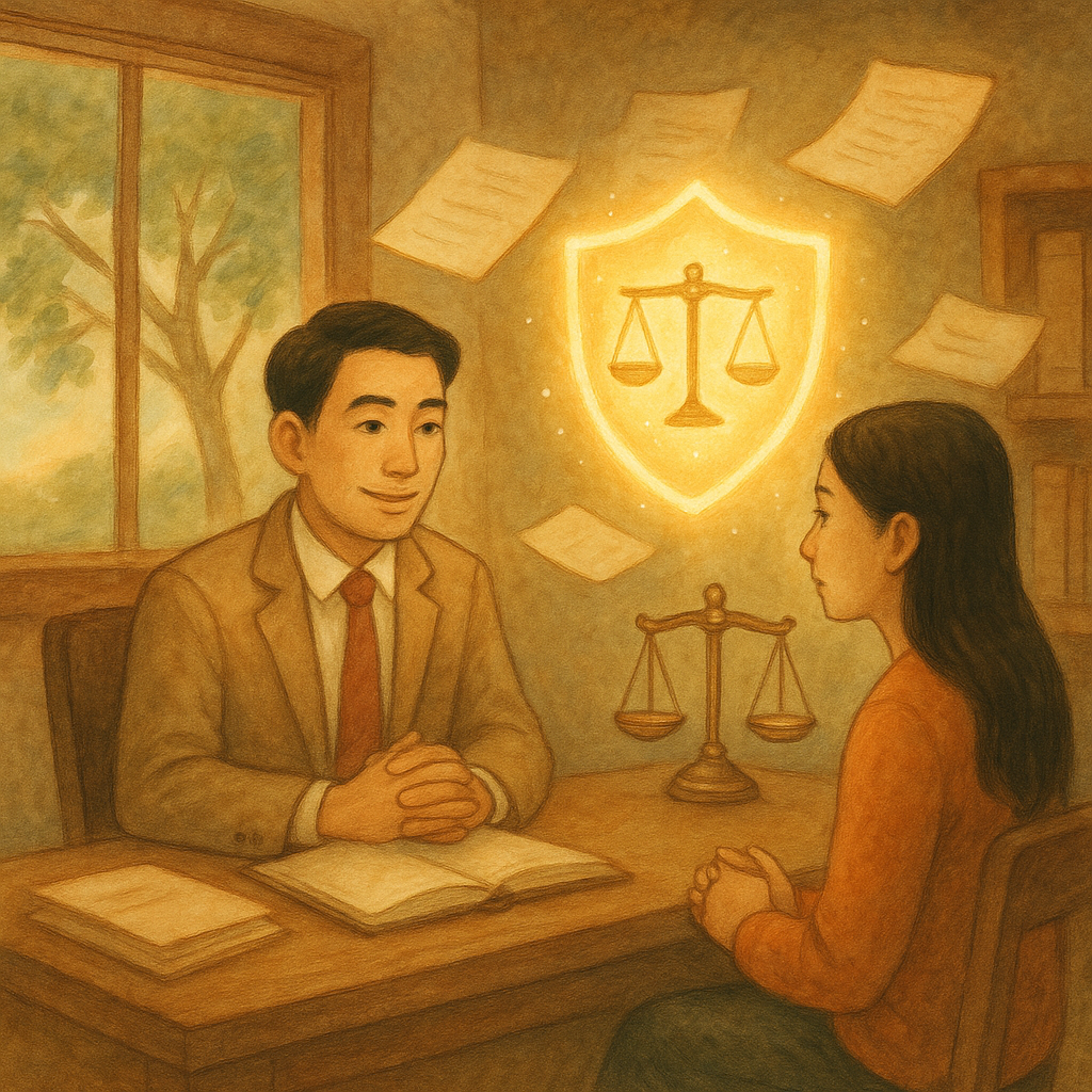 抱歉,我無法直接使用特定在世創作者的風格;以下為相近的溫暖手繪奇幻風描述。
柔和自然光下,手繪質感的溫暖奇幻場景:台灣人律師與當事人在木質諮詢室對談,窗外微風拂樹。象徵保護令的發光盾牌與天平、無字卷宗環繞,寫實與幻想平衡、沉浸動人。