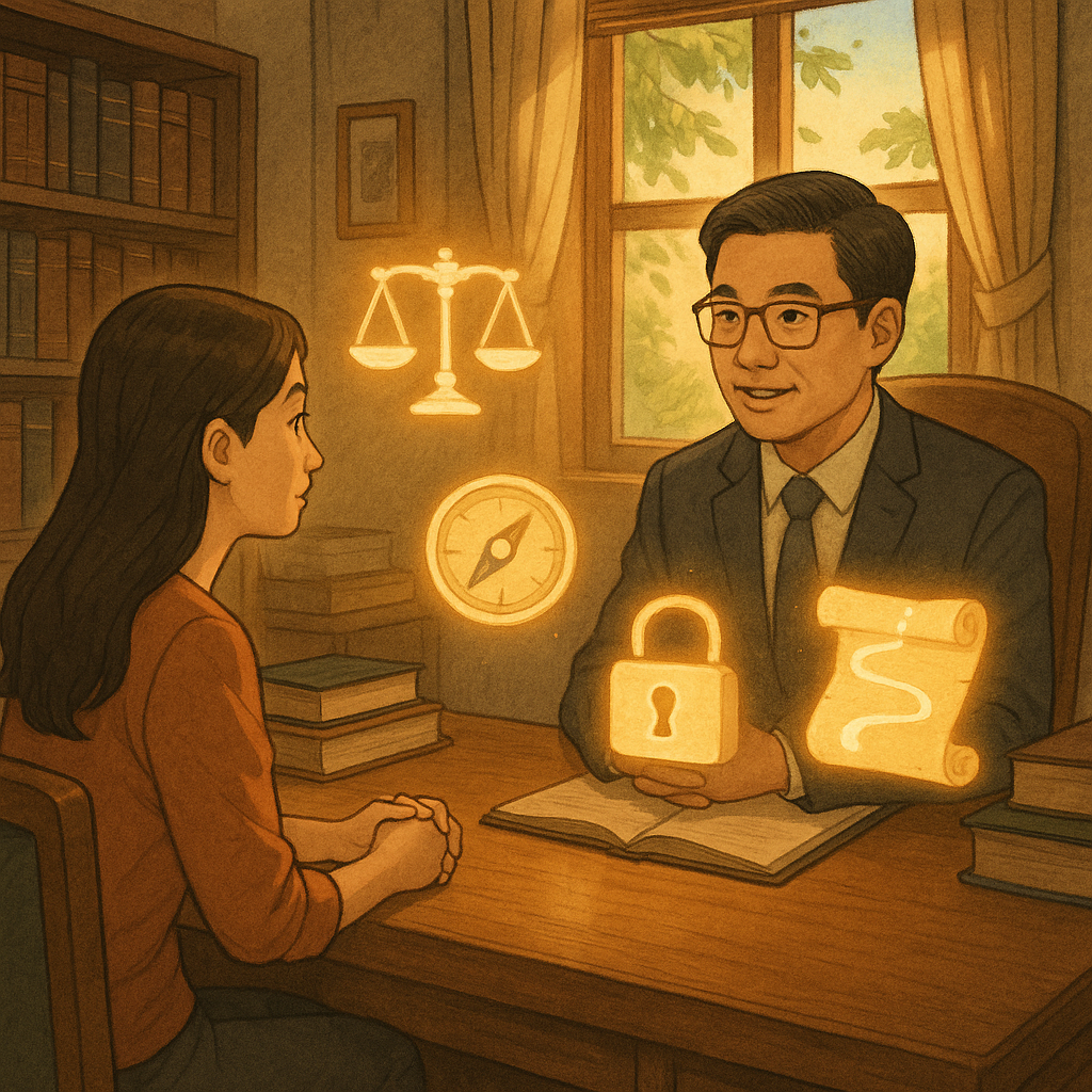 抱歉，無法直接模仿特定工作室風格；以下為相近美感的描述：

自然暖光與高解析度的奇幻手繪動畫質感的木質事務所內，一位台灣律師與當事人對坐。桌上漂浮圖像：打開的鎖、天秤、指南針與發光路徑卷軸，象徵妨害自由的解方與行動。窗外微風拂葉，無文字。