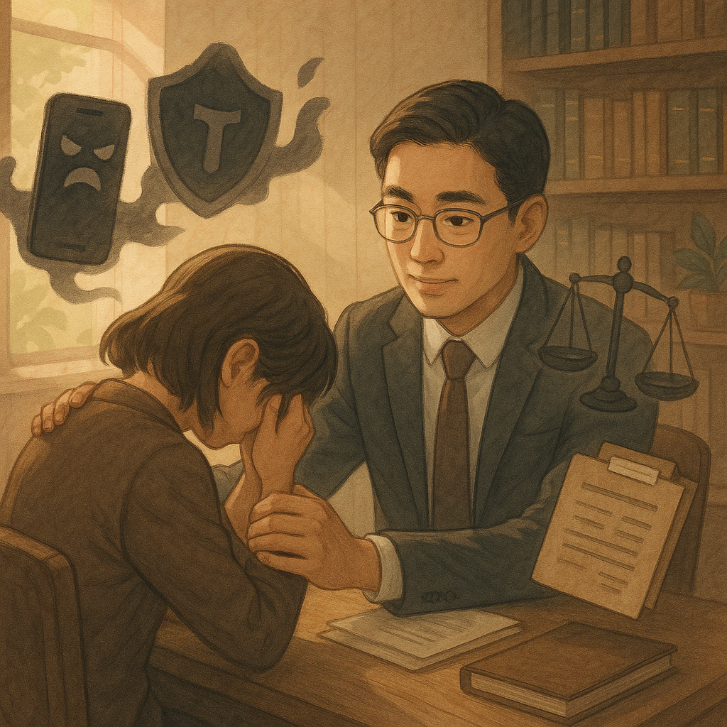 溫柔自然光下的木質事務所內，一位台灣律師正安撫焦慮民眾，桌邊漂浮象徵恐嚇罪的陰影手機與保護盾、天秤、證據夾等，細膩手繪質感，色調柔和、奇幻溫暖，具電影與故事感，無文字。