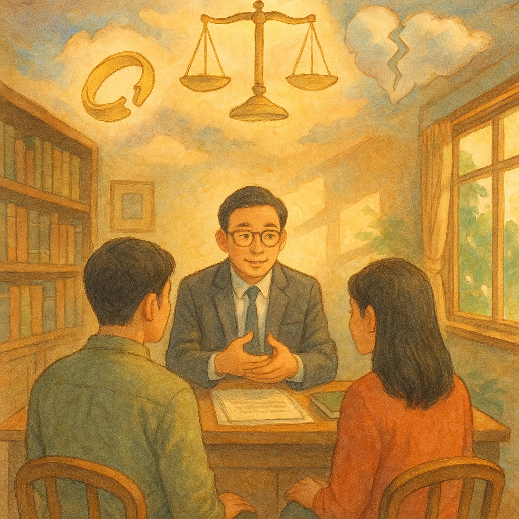 溫潤晨光下的木質事務所,台灣律師溫和諮詢一對台灣夫妻;天花板漂浮柔光天秤、斷裂婚戒與裂心雲,手繪質感、柔色與自然光影交織,吉卜力般電影感,暖而魔幻,無文字。