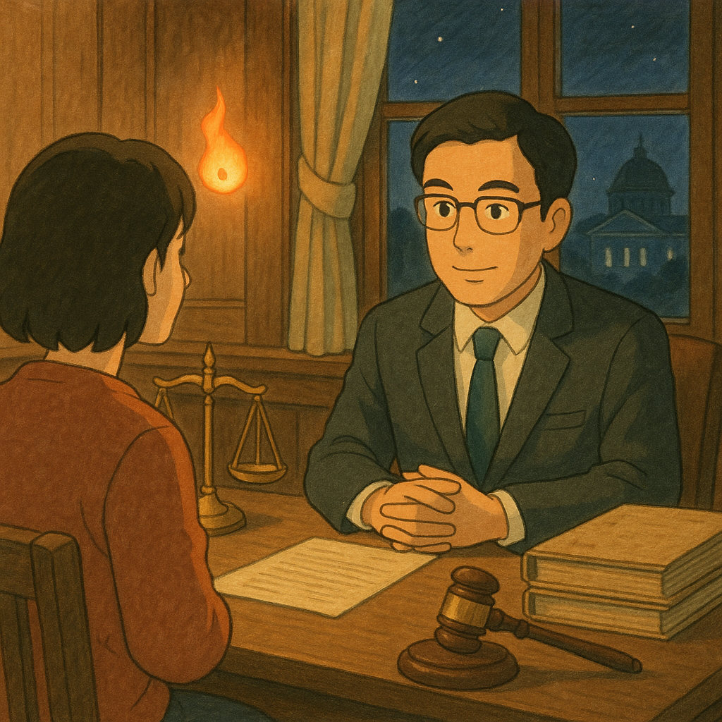 吉卜力風柔光插畫:台灣人律師在木質事務所溫暖對談,桌上天秤、法槌與卷宗;窗外夜色中,小火苗化作守護燈靈,遠處法院輪廓微亮,象徵縱火罪諮詢與解答;全畫手繪質感、無文字。