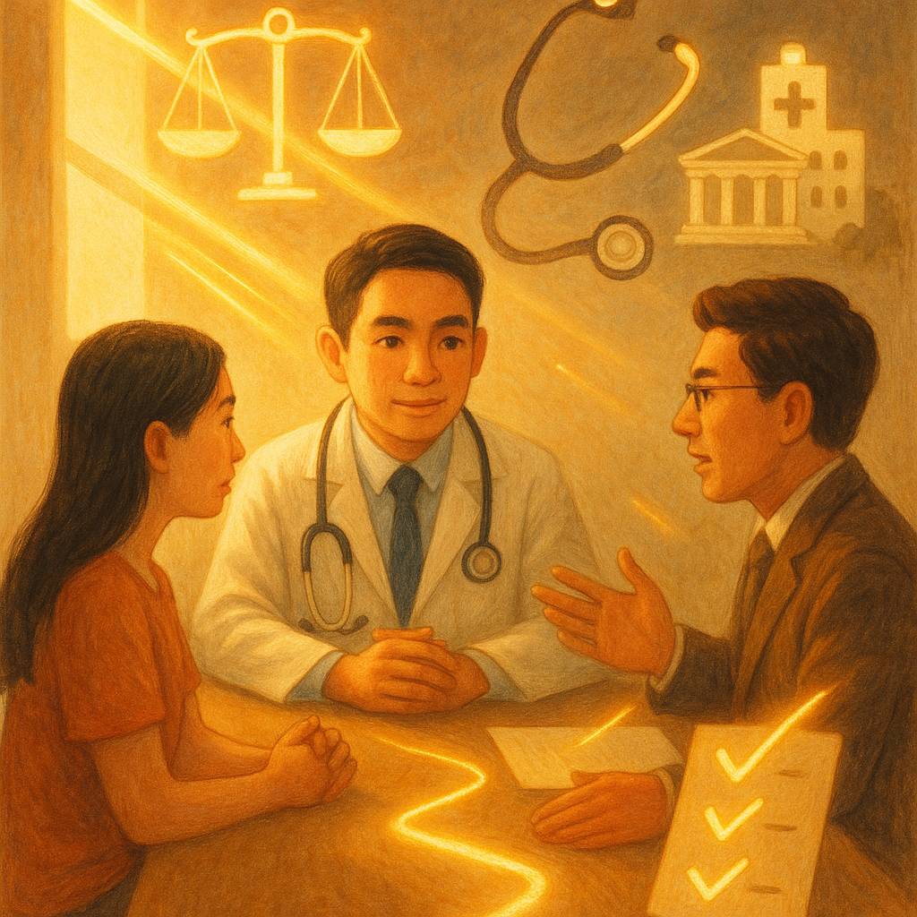 暖色自然光下，台灣人醫師、病患與律師圍坐諮詢，天光化作發光路徑與清單符號指引行動；天秤、聽診器與法院、醫院剪影懸浮，細膩手繪質感、無文字，童趣電影感兼具現實與魔幻。