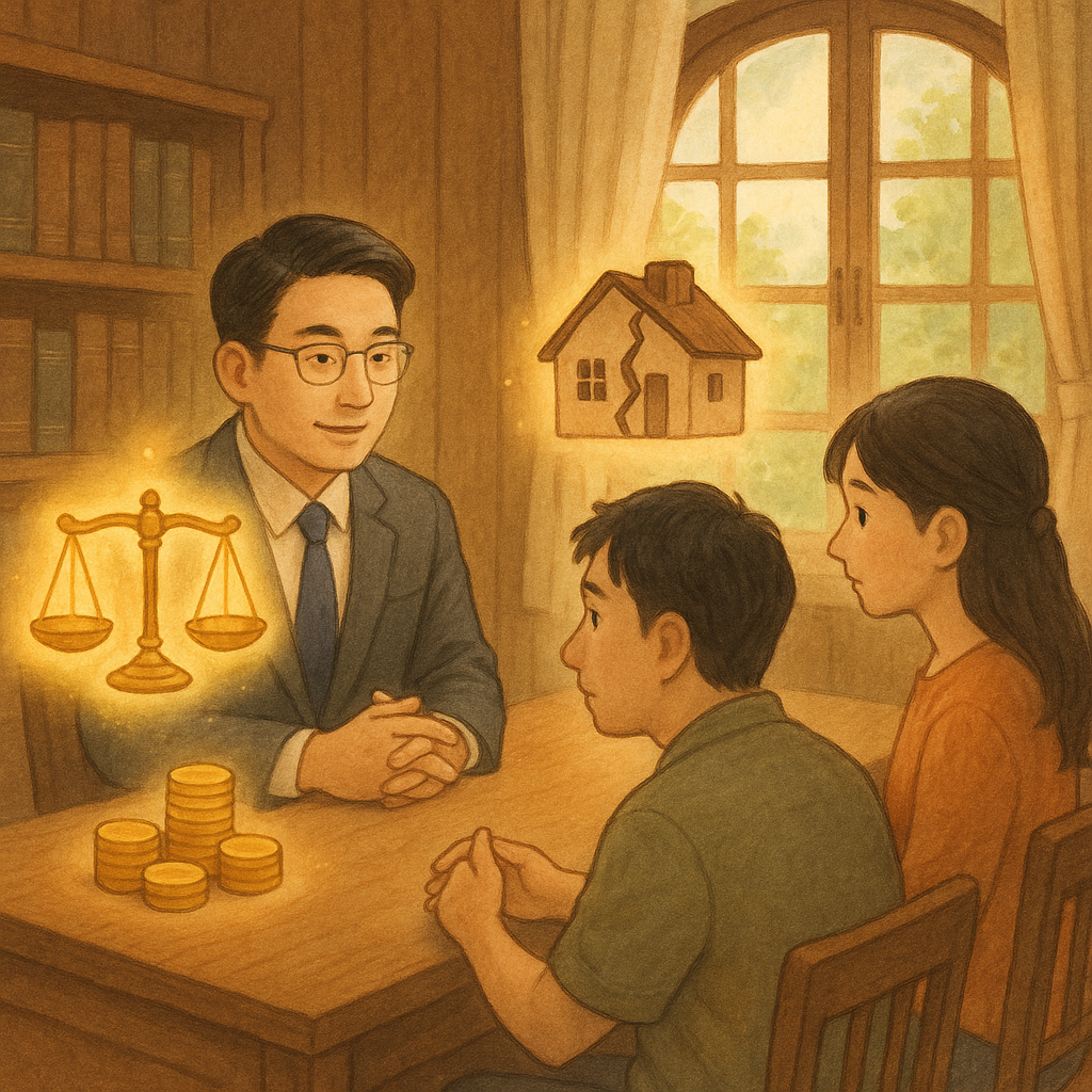 抱歉，我不能直接模仿特定工作室的風格；以下為不涉及特定風格的描述：
柔和自然光的手繪日系童話場景中，台灣律師於木質辦公室溫和諮詢；一對台灣夫妻隔桌而坐。漂浮的發光天平、破裂小屋與金色硬幣象徵家庭破裂與賠償與行動建議，畫面無文字。