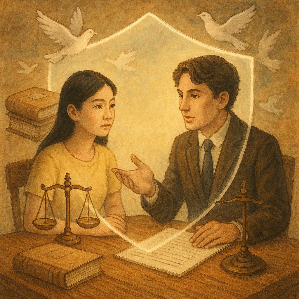 抱歉，我無法直接仿製特定工作室的風格，但可提供具相似特質的描述：

柔光下，台灣女性與律師在木桌對談，半透明盾形光幕守護；卷宗、天平與鴿影漂浮，手繪質感溫暖奇幻，細節豐富具敘事感，無文字。