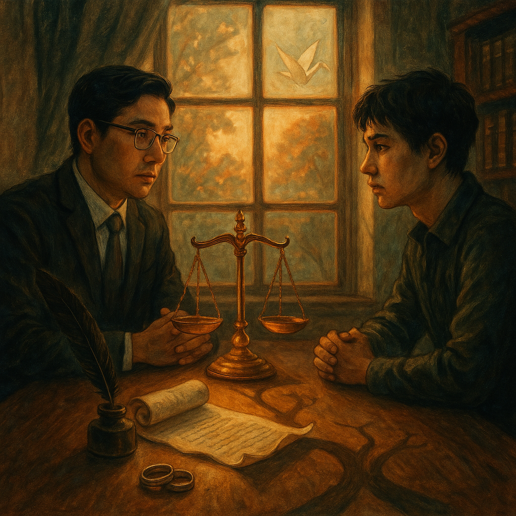 抱歉，我無法直接套用特定工作室的風格；以下提供相近的手繪奇幻電影感描述。
溫暖自然光與電影感的法律諮詢室，台灣人律師與當事人相對而坐、神情專注；高解析度手繪質感，寫實與奇幻交融。桌上發光天平、羽毛筆與捲曲文件，旁有微裂婚戒與分岔小徑投影；窗外紙鶴飄過象徵選擇與希望，無文字。