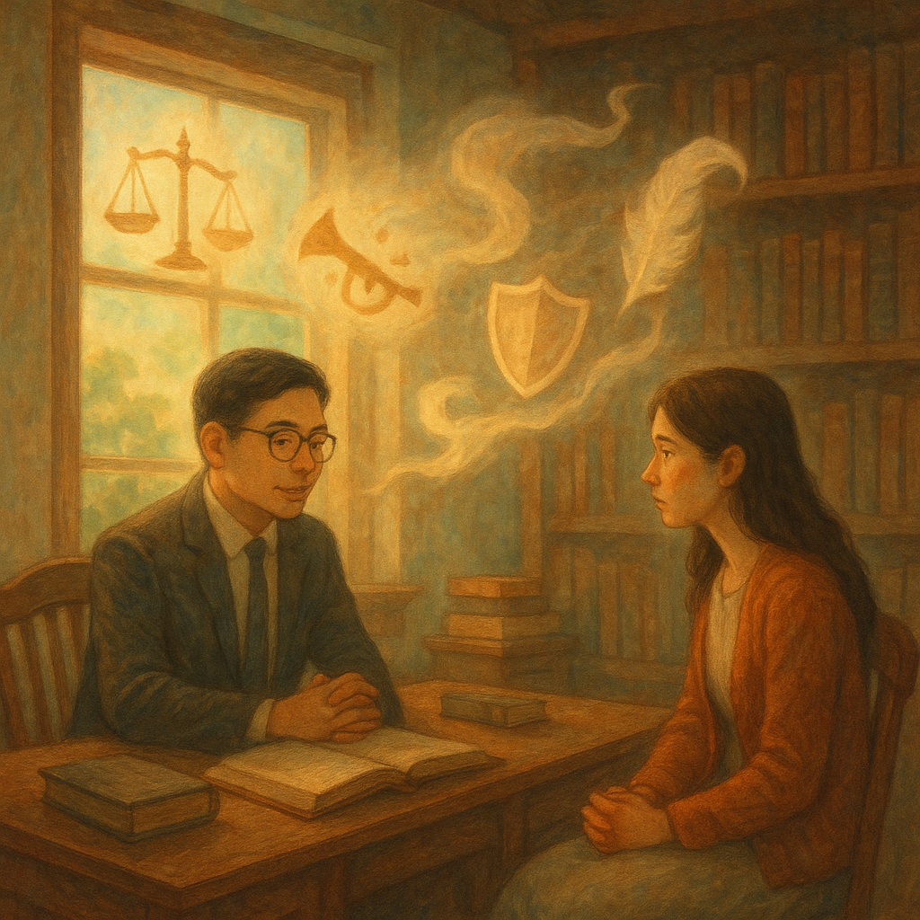 抱歉,我無法直接以特定工作室的風格創作,但可用溫暖奇幻、柔色與自然光的手繪電影感呈現。
柔光下,台灣律師與當事人於木質事務所對坐,手繪質感溫暖奇幻。窗邊漂浮的象徵圖示:公正天秤、破碎喇叭、護盾與羽毛化作耳語煙霧,映出妨害名譽的隱喻;無文字,細節豐富、沈靜而具故事感。