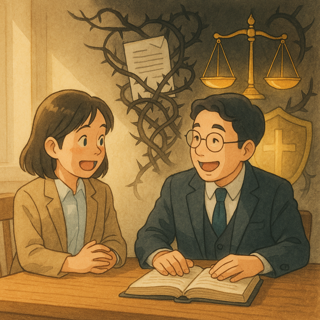 溫暖自然光下，台灣人上班族與律師表情豐富在木桌相談；其後陰影化作操縱線與荊棘纏繞公文，天平與盾牌發光守護。高解析度、吉卜力式柔和手繪質感，無文字。